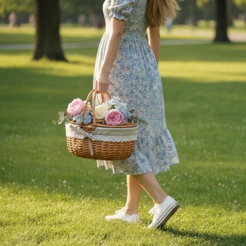 Wicker Picnic Basket with Lid and Handle Sturdy Woven Body with Washable Lining,Little Flowers - color: Little Flowers