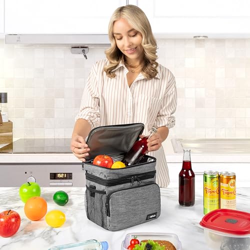 opux Insulated Lunch Bag for Men Women, Large Dual Compartment Cooler Bag, Soft Two Deck Lunch Box for Work School Picnic, Leakproof Lunch Tote with Shoulder Strap for Kid Adult (Gray, Double Deck) - color: Heather Gray, size: Double Deck