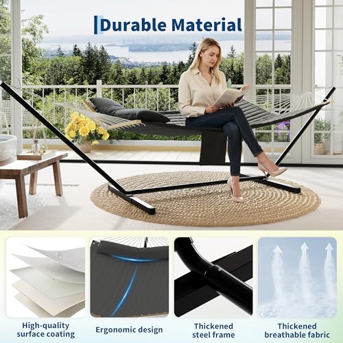 2 Person Double Hammock with Adjustable Steel Stand & Pillow, Heavy Duty Portable Outdoor Hammock Set, MAX 450 LBS Weight Capacity for Patio, Garden, Beach, Backyard - color: V-dark Gray