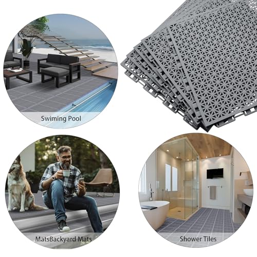 16 PCS Modular Interlocking Cushion Interlocking Floor Tiles with Hole Drainage Mat 10" x 10" Non Slip Pool Deck Mat Outdoor for Drain Deck Pool Patio Shower Kitchen Balcony (Grey) - color: Grey