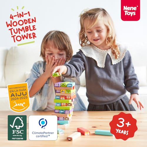Nene Toys Wooden Tumble Tower Game with Animals & Colors, 4-in-1 Educational Family Board Game for Kids Ages 3-9, Creativity & Cognitive Skills Booster - Gift for Boys Girls 3+ Years - style: Animals