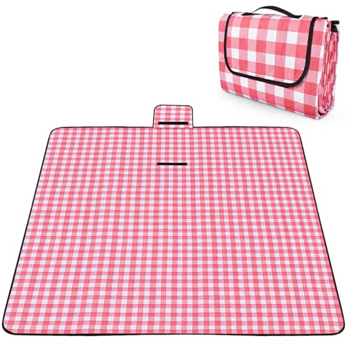 OBTANIM Extra Large Picnic Blanket 80 x 80 Inch Waterproof Foldable Beach Blankets Outdoor Picnic Mat for Camping Grass Lawn Park Music Festival Party Accessories (Red and White) - color: Red and White, size: 80 X 80 Inch