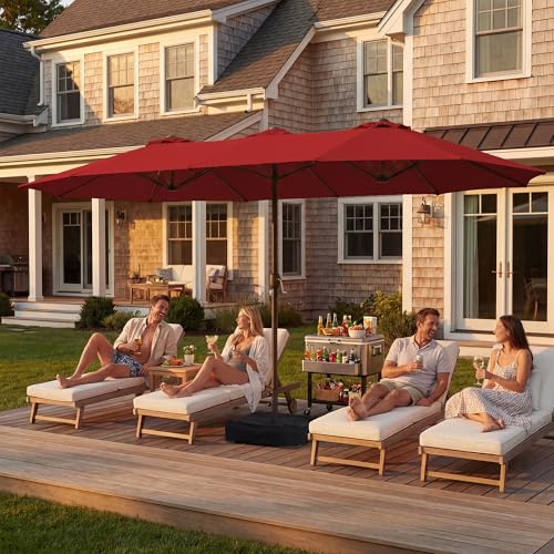 JEAREY 15ft Large Patio Umbrella with Base, Outdoor Rectangle Umbrella Double-Sided Market Umbrella with Stand for Pool, Deck, Backyard and Garden, Red - color: Red