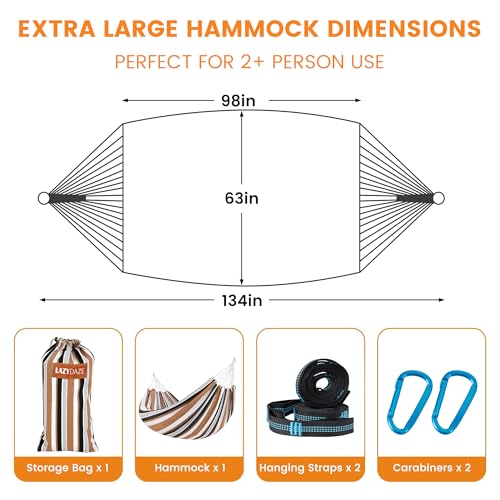 Lazy Daze Hammocks Double Brazilian Cotton Hammock, Extra Large Portable Outdoor Camping Hammock with Tree Straps & Travel Bag for Backyard Patio Poolside Indoor, 550lbs Capacity, Brown & White - color: Brown & White