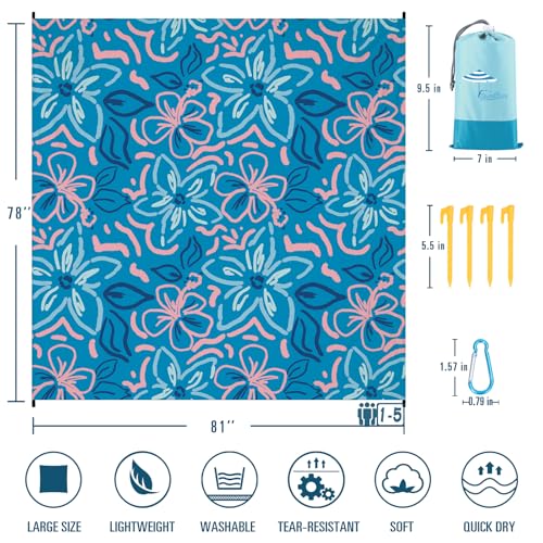 Famstar Beach Blanket Sandproof Waterproof 78''×81''1-5 Adults Oversized,Compact Lightweight Durable Beach Mat for Travel Camping Hiking Picnic Blanket - color: Blue Flower, size: 78''×81''