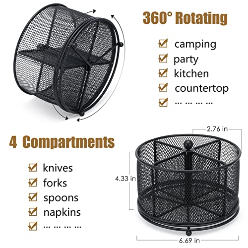 DysanVica 360° Rotating Metal Utensil Caddy - 4 Compartment Silverware Cutlery Holder Rotation Fork Spoon Napkin Organizer Flatware Storage Basket Party Countertop Buffet Picnic Camping Outdoor Black - color: Black