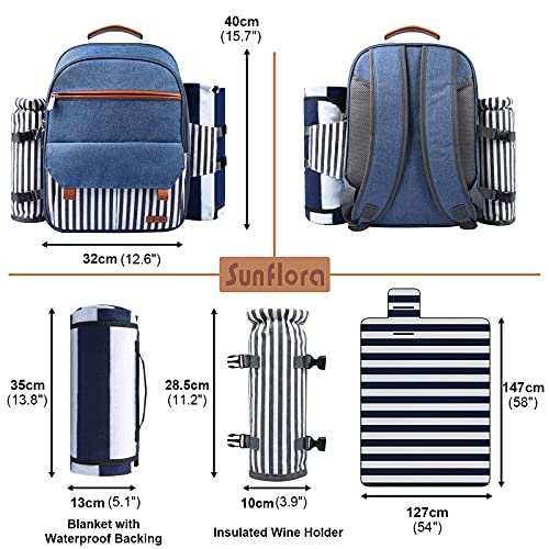 Sunflora Insulated Picnic Backpack for 2 Person Bag with Cooler Compartment, Blanket and Stainless Steel Cutlery Set for Couple, Lovers and Friends (Blue & Stripe) - color: Blue & Stripe, size: 2 person
