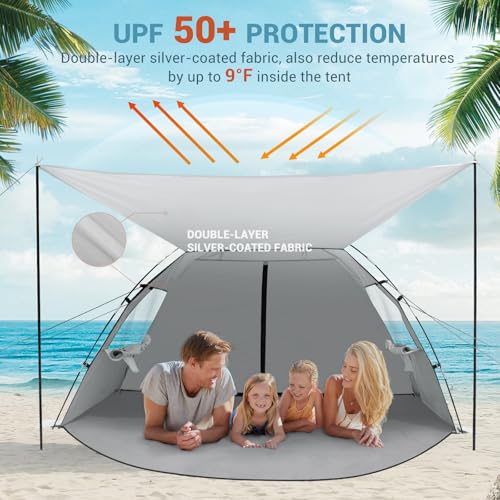 Elegear CumbreX™ Beach Tent Sun Shelter with Canopy, 4-5 Person Pop Up Beach Tent, Easy Setup UPF 50+ UV Protection Portable Lightweight Double Silver Coating Cabana Sun Shade Shelter - Silver - color: Silver, size: 4-5 Person