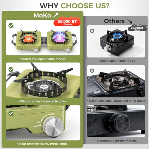 MoKo Propane Camping Stove 2 Burner, 36,000 BTU Infrared & Open Flame Hybrid, Windproof Folding Portable Outdoor Gas Cooking Kit with Frying Pan & Carry Bag For RV, Tailgating, Survival, Green - color: Green