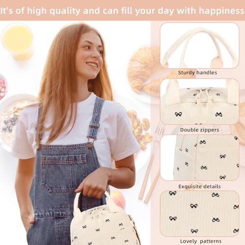 LEDAOU Lunch Box for Women Insulated Lunch Bag Corduroy Lunch Tote Bags Leakproof Cooler Lunch Case for Travel Work Picnic - color: Black bowtie -2