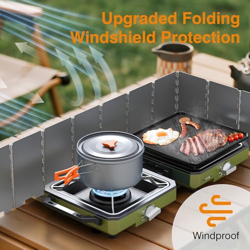 ODSD 2 Burner Camping Stove with Windshield, 20000 BTU Propane Camp Stove, Portable Folding Gas Stove, Camping Essentials Gear Includes Frying Pan, Coffee Stand & Carry Bag, Green - color: Green