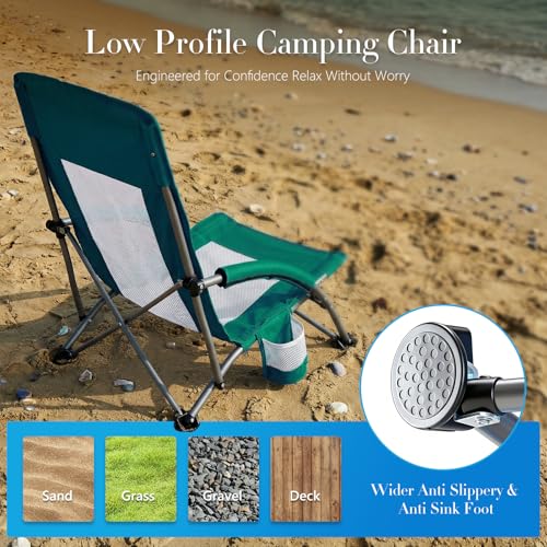 DUMOS Low Camping Beach Chair, Lightweight Folding Portable Beach Chair with Cup Holder, Storage Pocket, Breeze Mesh Back, Padded Armrests, Low Profile Chair for Camp, Picnic, Lawn, Sand, Green - color: Green, size: 25.79*22.24*27.36inch