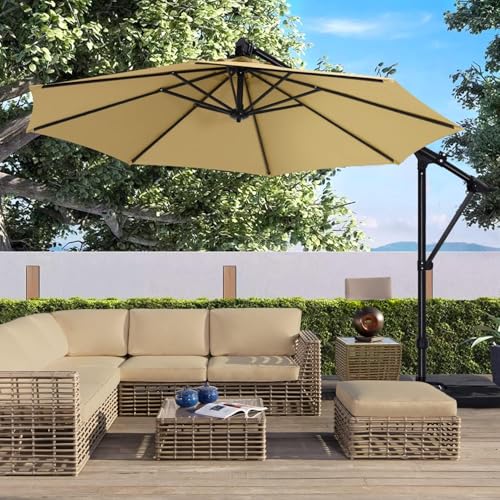 ABCCANOPY 10FT Cantilever Patio Umbrella with Base Stand, Offset Hanging Outdoor Umbrella, 360° Rotation & Tilt Adjustment,Suitable for Pool, Deck, Garden, Backyard(Khaki)