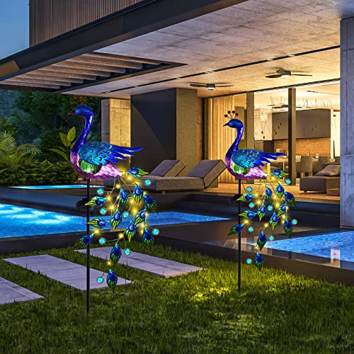 DREAMSOUL Peacock Solar Garden Lights Outdoor Decorative Stake, Waterproof Metal Peacock Garden Decor Solar Powered Landscape LED Path Lights Walkway Patio Decoration Lawn Ornament - color: Purple