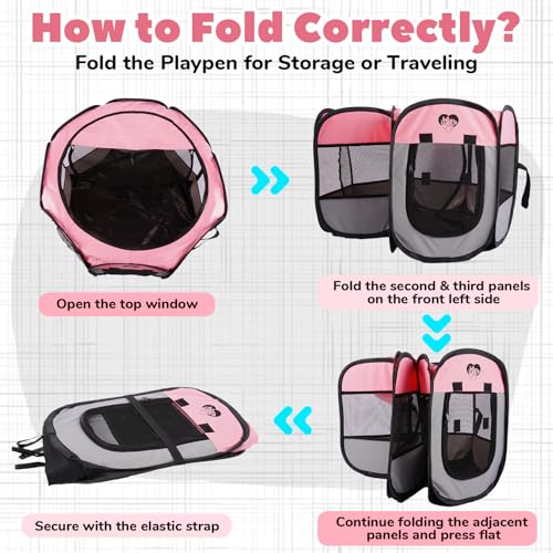 Foldable Puppy Playpen Indoor & Outdoor,Portable Small Dog & Kitten Playpen with Breathable Mesh,Easy Setup Pet Pen with Zipper Door & Carry Bag,Pop Up Puppy Playpen,Pink M - size: M