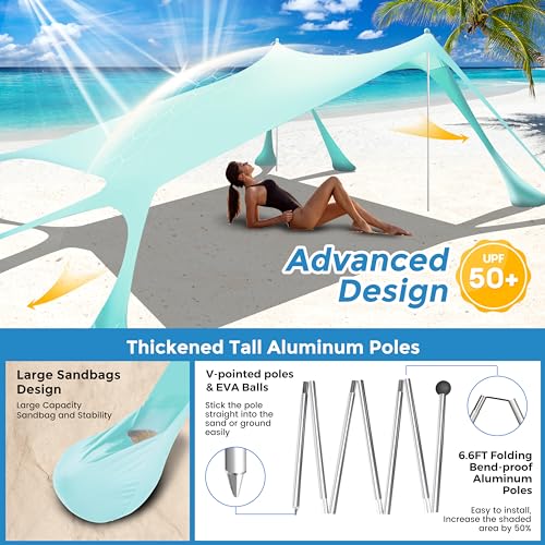Beach Canopy Beach Tent Pop Up Shade 10x10ft Sun Shelter UPF50+ with 8 Sandbags-2 Sand Shovel-4 Aluminum Poles-Ground Pegs-Portable Carrying Bag for Outdoor Family Camping Fishing Yard Picnic - color: Turquoise