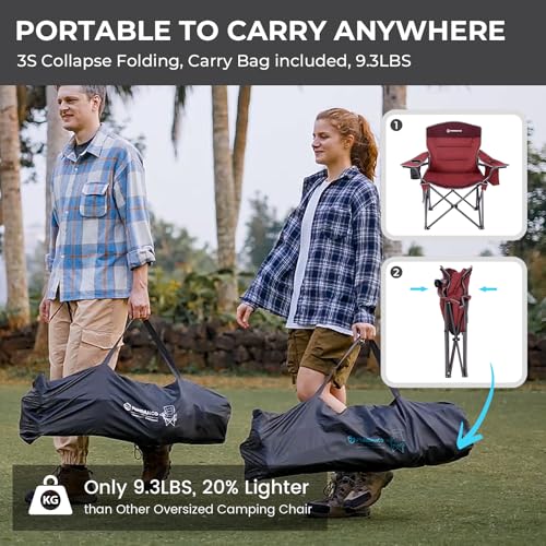 FUNDANGO Oversized Camping Chairs for Adults, Heavy Duty Fold Up Sports Games Lawn Chairs, Extra Wide Big Man Outdoor Chairs with Padded Lumbar Support Backrest, Bag Included for Camp, Beach, 2 Pack - color: Red/Grey With Lumber Support 2 Pack