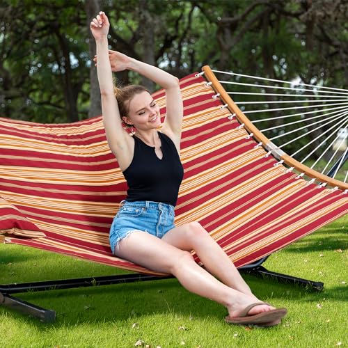 SUNCREAT Hammocks Portable Hammock with 12 ft Stand Included, Double Hammock with Curved Spreader Bar, Red Stripes - color: Red Stripes