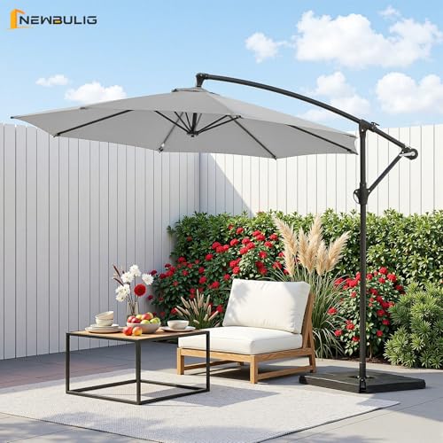 NEWBULIG 10FT Patio Umbrella, Offset Cantilever Outdoor Patio Table Umbrella, UV Protection, Fade Resistant Fabric, Easy Tilt Adjustment for Pool, Deck, Garden, Backyard - color: Gray, size: 10FT-with 4 Bases