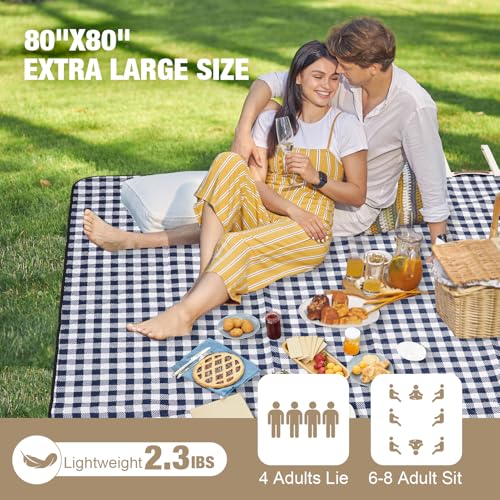 G GOOD GAIN Picnic Blankets Outdoor Extra Large - 80"x80" Portable Waterproof Picnic Blanket, Machine Washable 3-Layer Foldable Park Mat with Sandproof Backing for Grass, Hiking, Travel (Blue) - color: Blue