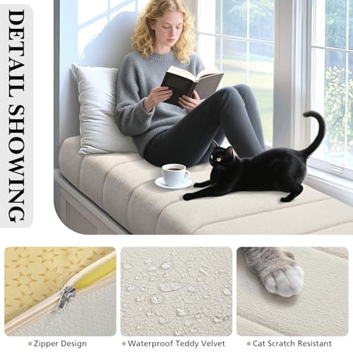 Wenqik Bench Cushion 36x14x4 Inch for Indoor Outdoor Furniture Tufted Thicken Bay Window Seat Cushion Non Slip Waterproof Dining Piano Bench Pad Pillow Anti Cat Scratch for Patio Porch Swing, Beige - color: Beige, size: 36x14x4 Inch