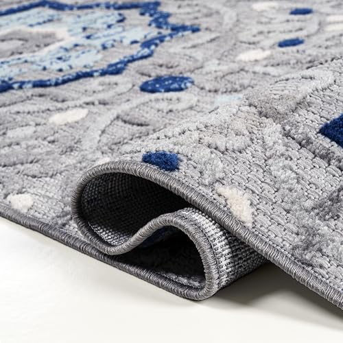 JONATHAN Y Mediterranean Medallion Indoor Outdoor Round Area Rug 5 Ft Blue/Gray, Boho for Backyard, Patio, Porch, Easy-Cleaning, High Traffic, Pet-Friendly, Non-Shedding (AMC101A-5R) - size: 5'3" (Round)