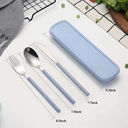 Portable Home Utensils Reusable Flatware Set with Case, Stainless Steel Metal Travel Cutlery Lunch Tableware 3 PCs Size Fork Spoon Knife with Colored Handle(Fork Spoon Knife 1 set, Blue) - color: M Blue