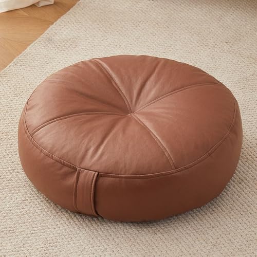 Extra Thick Floor Cushion Booster Cushion,6" Thick Faux Leather Seat Pad Portable Meditation Cushion,Square/Round Bean Bag Cushion for Living Room Bedroom (Round-Brown,20x20x6inch) - color: Round-brown, size: 20x20x6inch