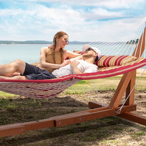 SUNCREAT Hammocks Portable Hammock with Stand, Hammock with Stand 2 Person Heavy Duty for Bedroom, Backyard, Patio, Balcony, Red Stripe - color: Pad-red Stripes