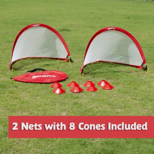 Poray Soccer Goal for Kid Easy-up Set of Two Portable Soccer Net 210D Oxford with 8 Field Marker Cones Extra Stakes Fun for Backyard and Soccer Training - color: Red, size: 2.4ft