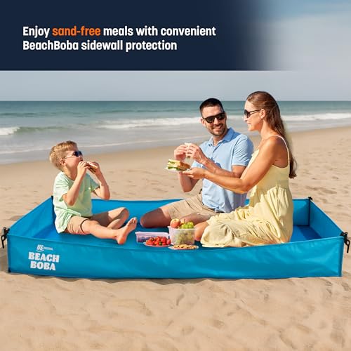 BeachBoba Sandproof Beach Blanket - Outdoor Playpen Sheet with Side Walls and Stakes to Keep Sand Out (Blue)