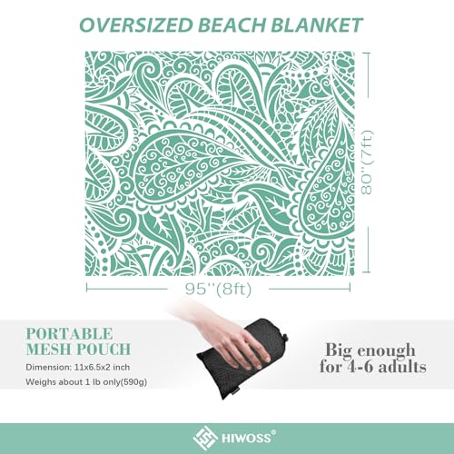 Beach Blanket Waterproof Sandproof Oversized 95”x 80”,Sand Free Beach Mat with Corner Pockets,Portable Mesh Bag for Beach Festival,Picnic,Travel and Outdoor Camping (Greenleaf) - color: Greenleaf