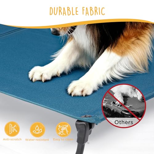CANINE CANYON Daisy Cot, Medium Foldable Elevated Dog Bed, Portable Raised Outdoor Folding Dog Cot, Cooling, Chew Proof, Waterproof, Heavy Duty Up to 160 Lbs for Camping/Home, Dark Blue, 32"x 19"x6" - color: Blue, size: Medium