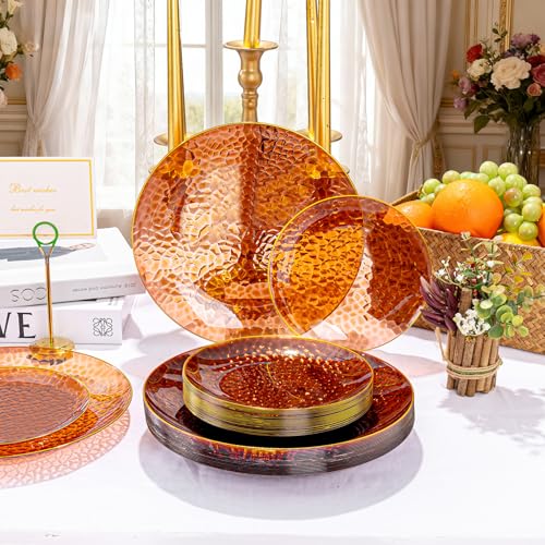 Rubtlamp 60Pcs Amber Plastic Plates - Brown Disposable Plates With Gold Rim, Clear Heavy-duty Party Plates, Hammered Plates Include 30 Dessert Platos, 30 Dinner Platos for Party - color: Clear Amber Gold
