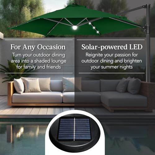 Best Choice Products 10ft Solar LED Offset Cantilever Hanging Market Patio Umbrella, Smooth 360° Rotation, 8 Sturdy Ribs, Easy Adjustment - Green - color: Green, size: Offset w/ 360° Rotation