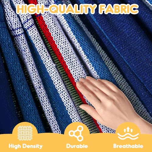 ANYOO Cotton Hammock Portable Camping Hammocks for Hanging Sturdy Garden Comfortable Fabric Hammock with Tree Straps Up to 660lbs with Travel Bag for Camping Outdoor/Indoor Patio Backyard - color: Blue/White/Red Stripe