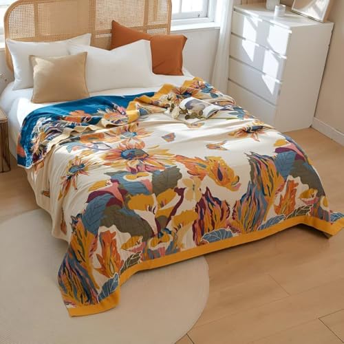 Boho Throw Blanket for Bed 100% Cotton Bohemian Blankets Ultra Soft Woven Muslin Decorative Blankets All Seasons Vintage Quilt Knitted Blanket for Sofa Chair(Yellow, 80"x90") - color: B-yellow, size: 80"x90"