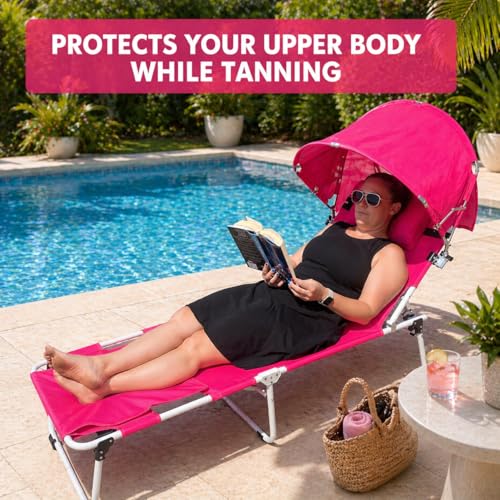 Oversized Extra Wide Tanning Chair with Sun Canopy Face Hole Padded Adjustable Washable, Heavy Duty Layout Folding Lounge Chair for Outside Beach Reading Sunbathing, UPF 50+, XL, Pink, 330 LBS - color: Pink, size: Oversized