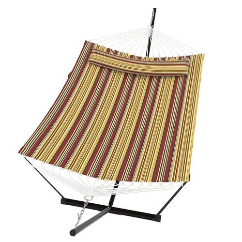 2 Person Double Hammock with Stand & Pillow, 450 LBS Heavy Duty Outdoor Hammock with Balance Rope for Patio Backyard Poolside