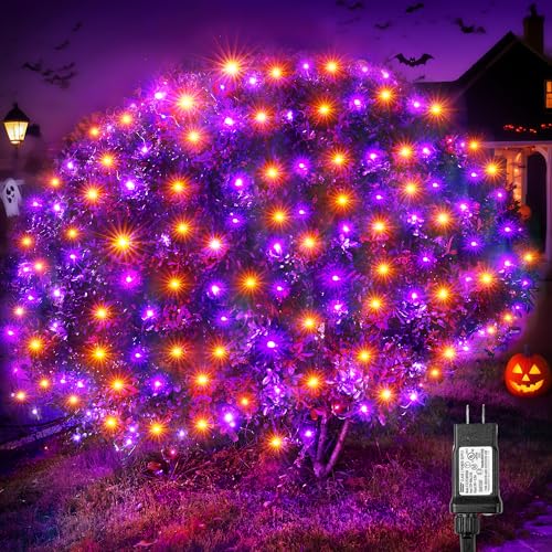 BlcTec Halloween Lights Outdoor 360 LED 9.8ft x 6.6 Orange Purple Halloween Mesh Lights with 8 Modes, Timer, Connectable, Waterproof and Green Wire Design for Lawn, Bushes Outdoor Holiday Decorations - color: Orange Purple, size: 360LED