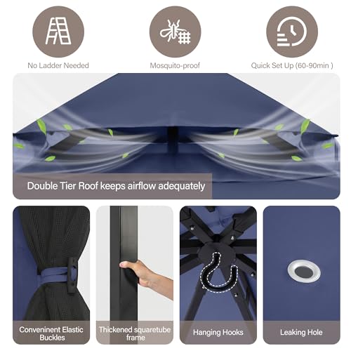 LAUSAINT HOME 12'x12' Outdoor Patio Gazebo, Heavy Duty Party Tent & Shelter with Double Roofs, Mosquito Nettings and Privacy Screens for Backyard, Garden, Deck (Navy Blue) - color: Navy Blue, size: 12'x12'