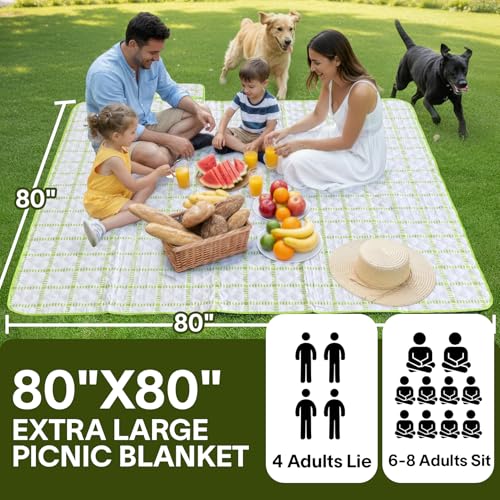 Alvantor® Extra Large Picnic Blanket, 80"x80" Waterproof Outdoor Blanket, Foldable Camping Blanket with Hook & Loop Straps, Portable for Beach, Park, Travel, Sandproof, Soft & Durable,Green - color: Green and White