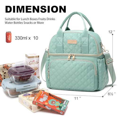 AIJIEKE Large Insulated Lunch Bag for Women, Double Compartment Leakproof Lunch Box for Work Office, Reusable Cooler Tote with Adjustable Strap & Side Pockets for Adults Picnic Beach, Green - color: Green