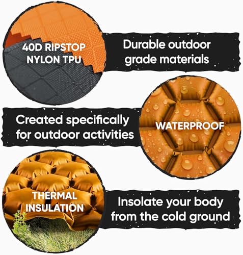 POWERLIX Ultralight Inflatable Camping Sleeping Pad - Camping Mattress for Backpacking, Hiking, Compact Lightweight Sleeping Mat for Camping, Inflation Bag/Repair Kit Included - color: Orange & Black