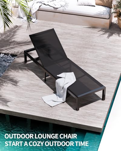 Aluminum Lounge Chairs Outdoor Chaise Furniture,2 Sets Patio Metal Deck Lounger Adjustable 5-Position Poolside Chase Recliner with Wheels for Beach,Coffee Table, (Black, 1 Chair) - color: Black, size: 1 Chair