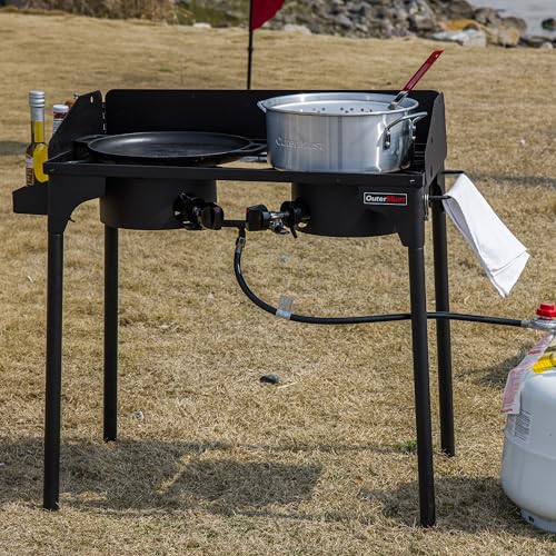 OuterMust Propane Double Burner for Outdoor Cooking Two Camping Stove with Removable Windscreen and Detachable Legs Stand for Home Brewing, Camping, BBQ - size: dual burners with wind gard