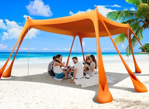 Beach Tent Sun Shelter 10x10ft Beach Canopy Easy Pop Up Sun Shade Portable UPF50+ with 8 Sandbags-2 Sand Shovel-4 Aluminum Poles-Ground Pegs for Outdoor Family Camping Fishing Backyard Picnic - color: Orange, size: 10x10 FT 4 Pole