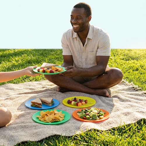 AOYITE Plastic Dinner Plates Reusable BPA Free Dishwasher Safe Microwaveable Plate for Any Occasion, BBQ, Travel, and Events (Multicolor set of 12) - color: Neon Summer Tones