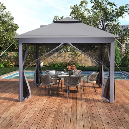 Goplus11 ft × 11 ft Pop up Gazebo, Portable Screen Canopy Shelter w/Mesh Netting Sidewalls, Vented Top, Drainage Holes, Heavy-Duty Height Adjustable Easy Setup Party Tent for Backyard - color: Gray