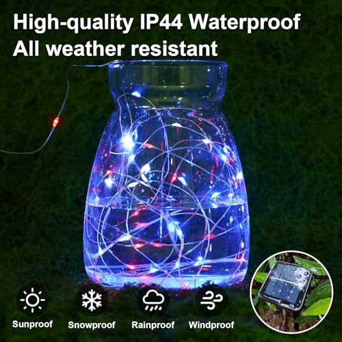 QITONG 4 Pack 4th of July Solar Fairy Lights Outdoor Waterproof, Each 33ft 100 LED Red White and Blue Pariotic Lights, 8 Modes Copper Wire Christmas String Lights for Memoria Indepedence Party Decor - color: Red White and Blue, size: 4Pack*100LED